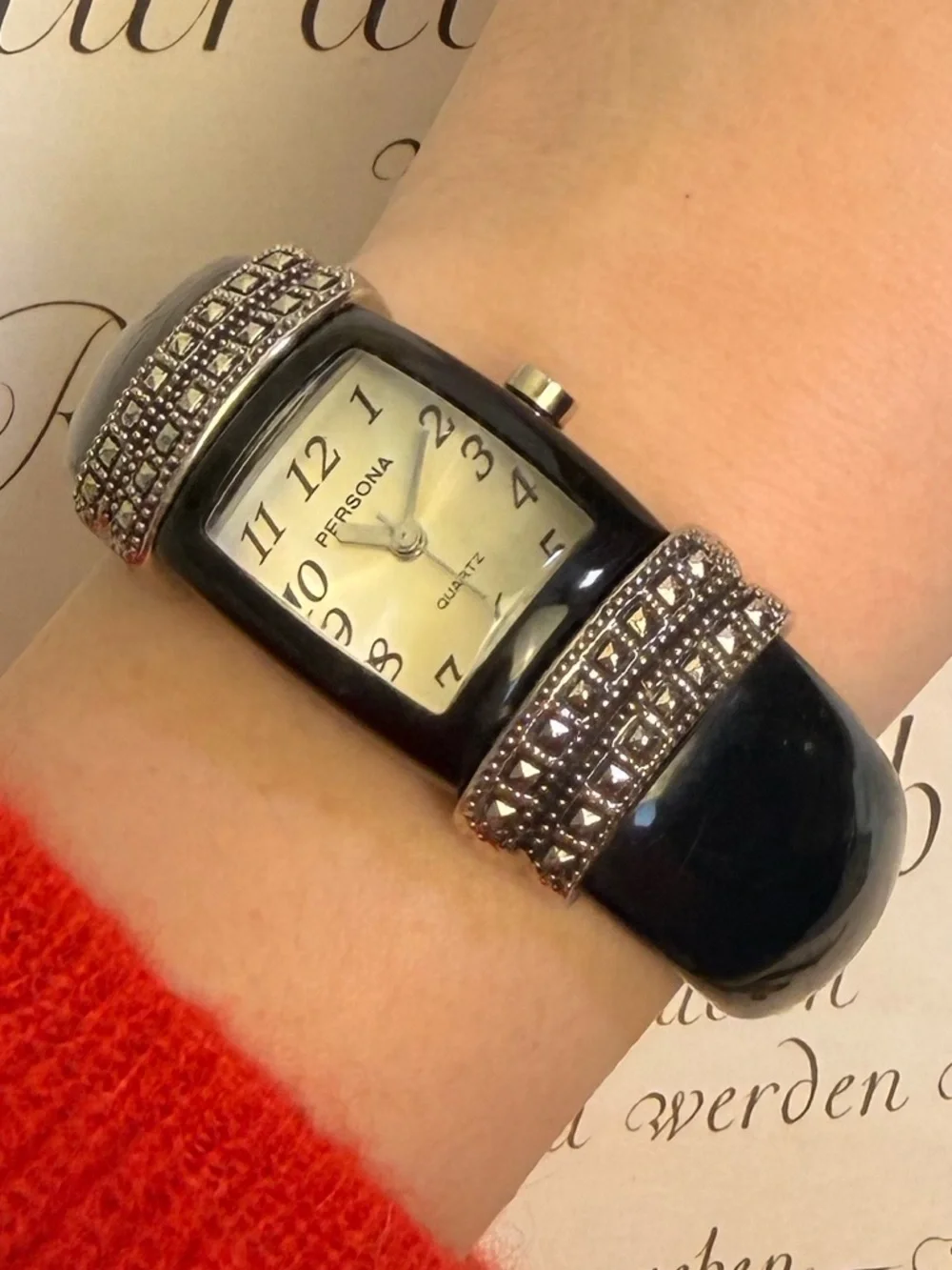 Vintage Goth Persona Black Cuff with Studded Accents - Women's Watch